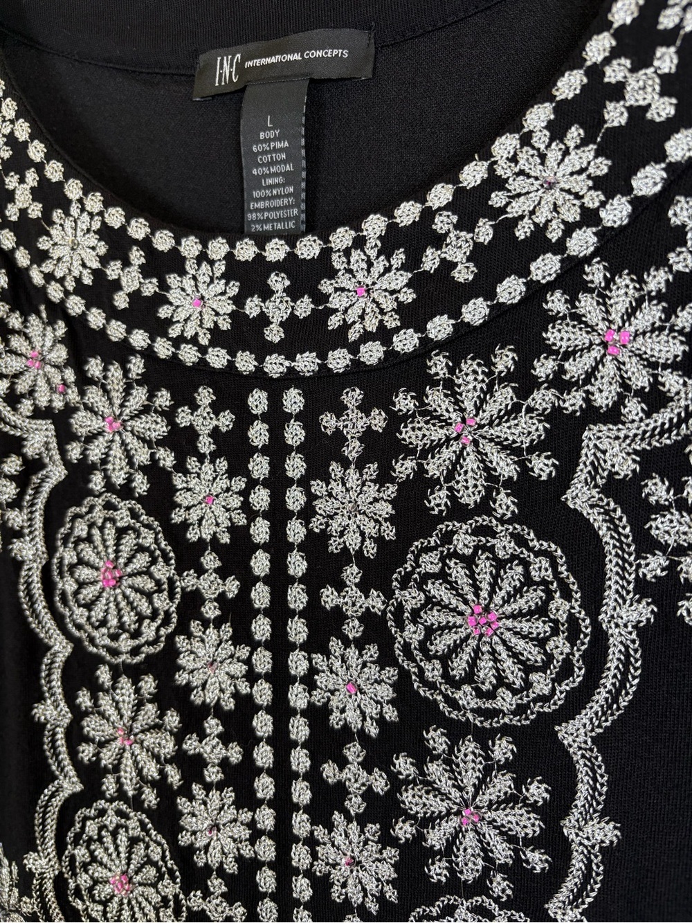 INC International Concepts Black Embroidered Sleeveless Dress Large Beaded Boho - Picture 4 of 10